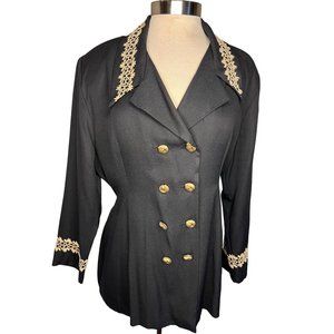 JOULY Fashion New York Women's Blouse Size XL Shoulder Pads Navy Black Gold Lase